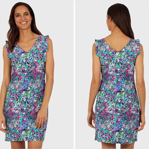 Jude Connally Lulu Abstract Floral V-Neck Ruffle Trim Women's Dress Size Large - Picture 1 of 9